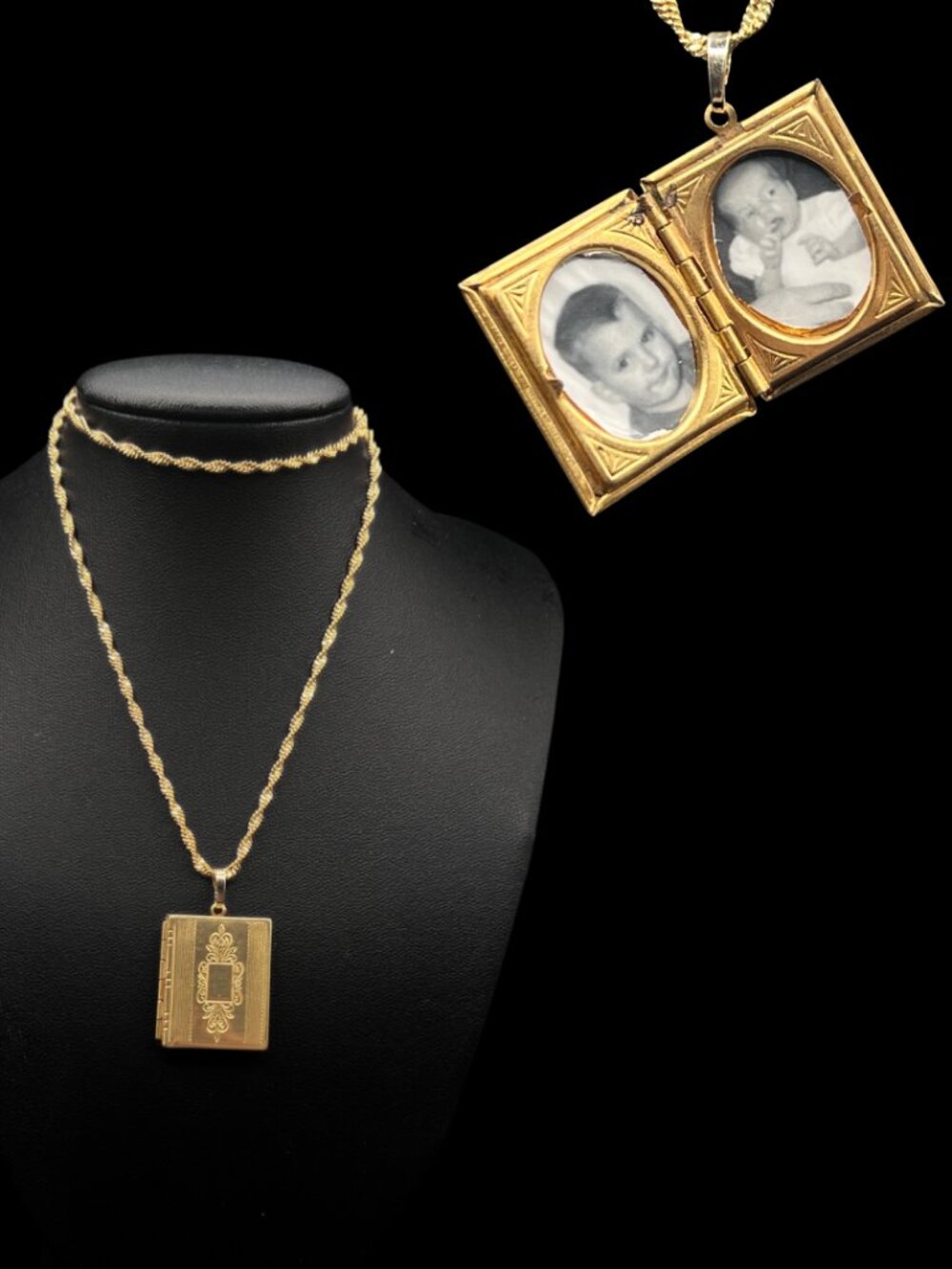 Midcentury Book Locket With Vintage Photos Inside on 18K Gold-Plated Chain